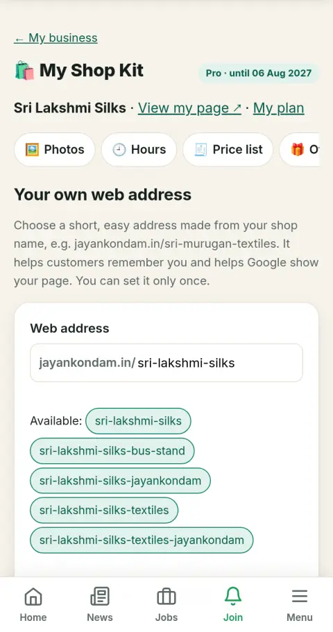Your own web address — screen in Shop Kit tools (sample shop)