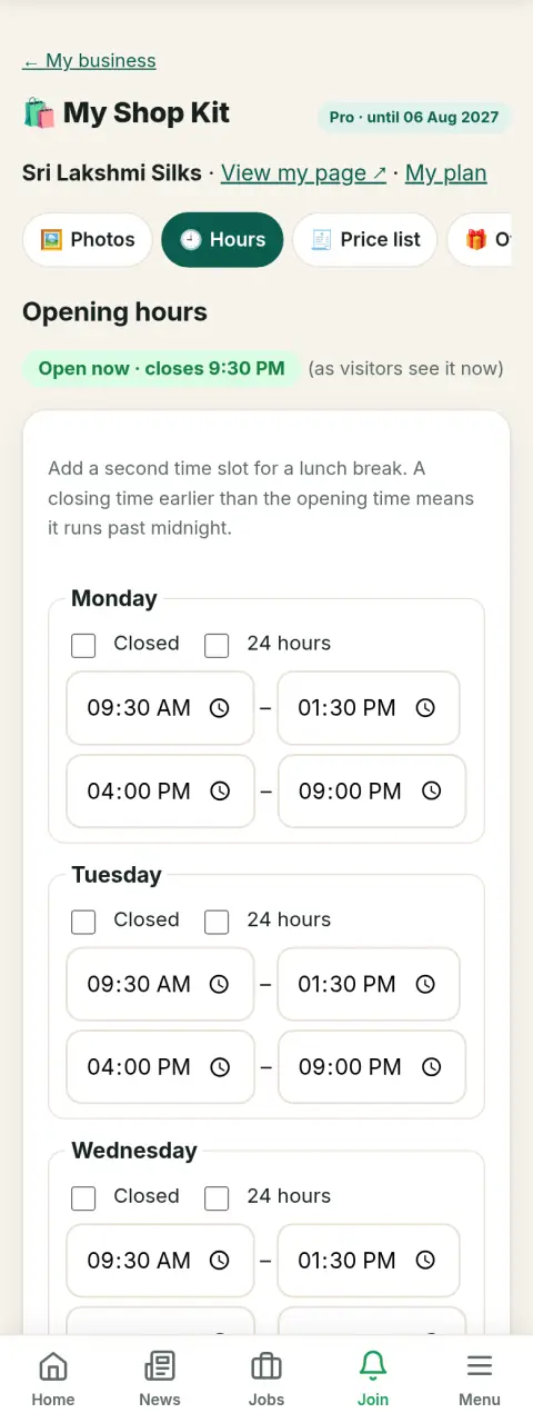 Opening hours & "Open now" — screen in Shop Kit tools (sample shop)